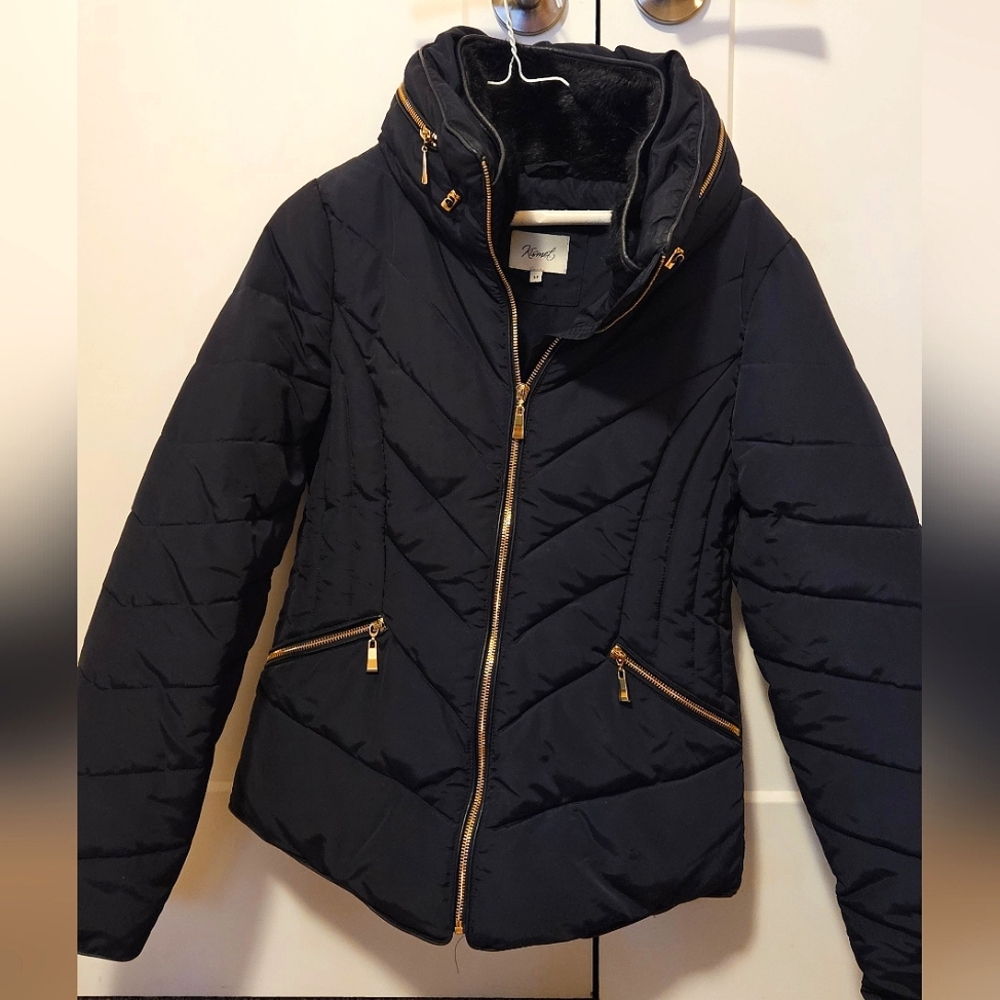 Kismet Women's Navy Puffer Jacket with Golden Zippers